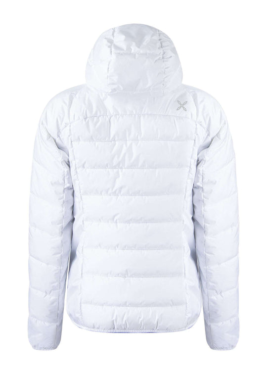 Women's padded jacket with hood, nylon fabric, recycled polyester insulation, ideal for cold weather activities.