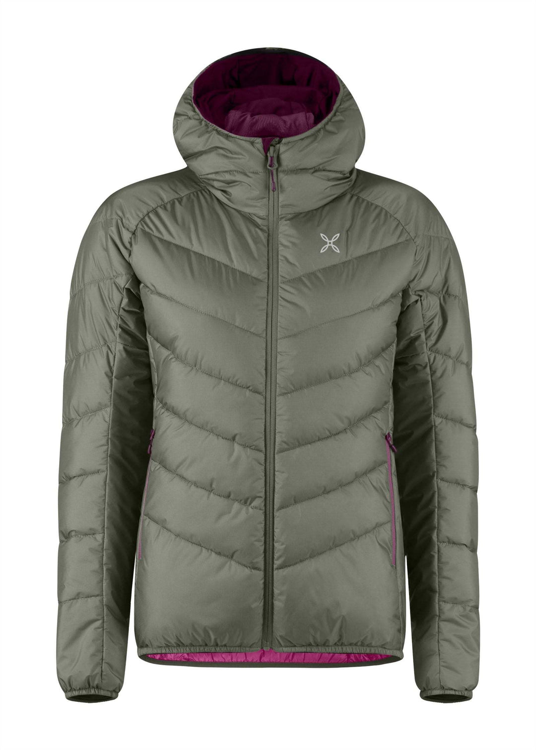 Women's padded nylon jacket with hood, zip front, and elastic trim for cold weather outdoor activities.
