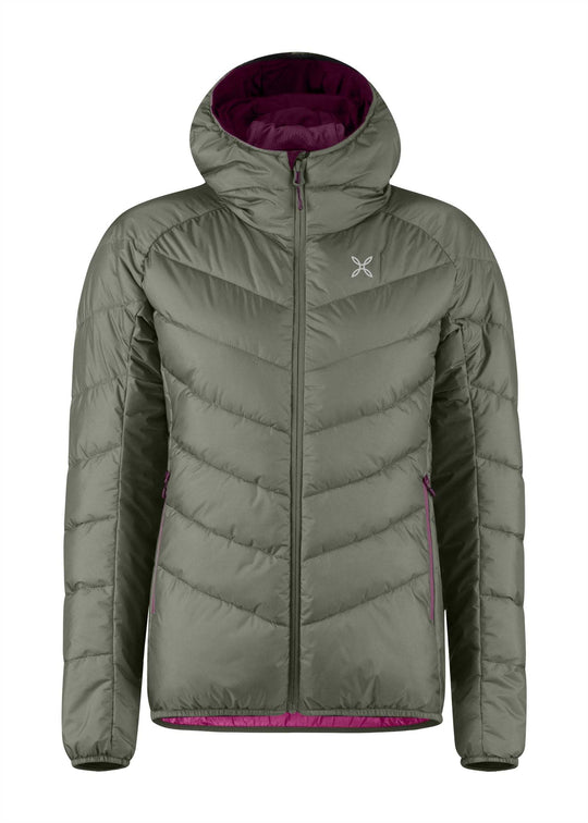 Women's padded nylon jacket with hood, zip front, and elastic trim for cold weather outdoor activities.