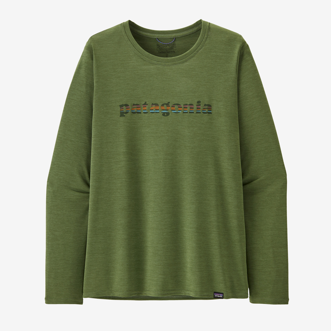 Women's long sleeve Cap Cool Daily Graphic Shirt in green, featuring quick-drying, flexible recycled polyester with HeiQ® Mint odor control, Fair Trade Certified™, ideal for versatile outdoor use.
