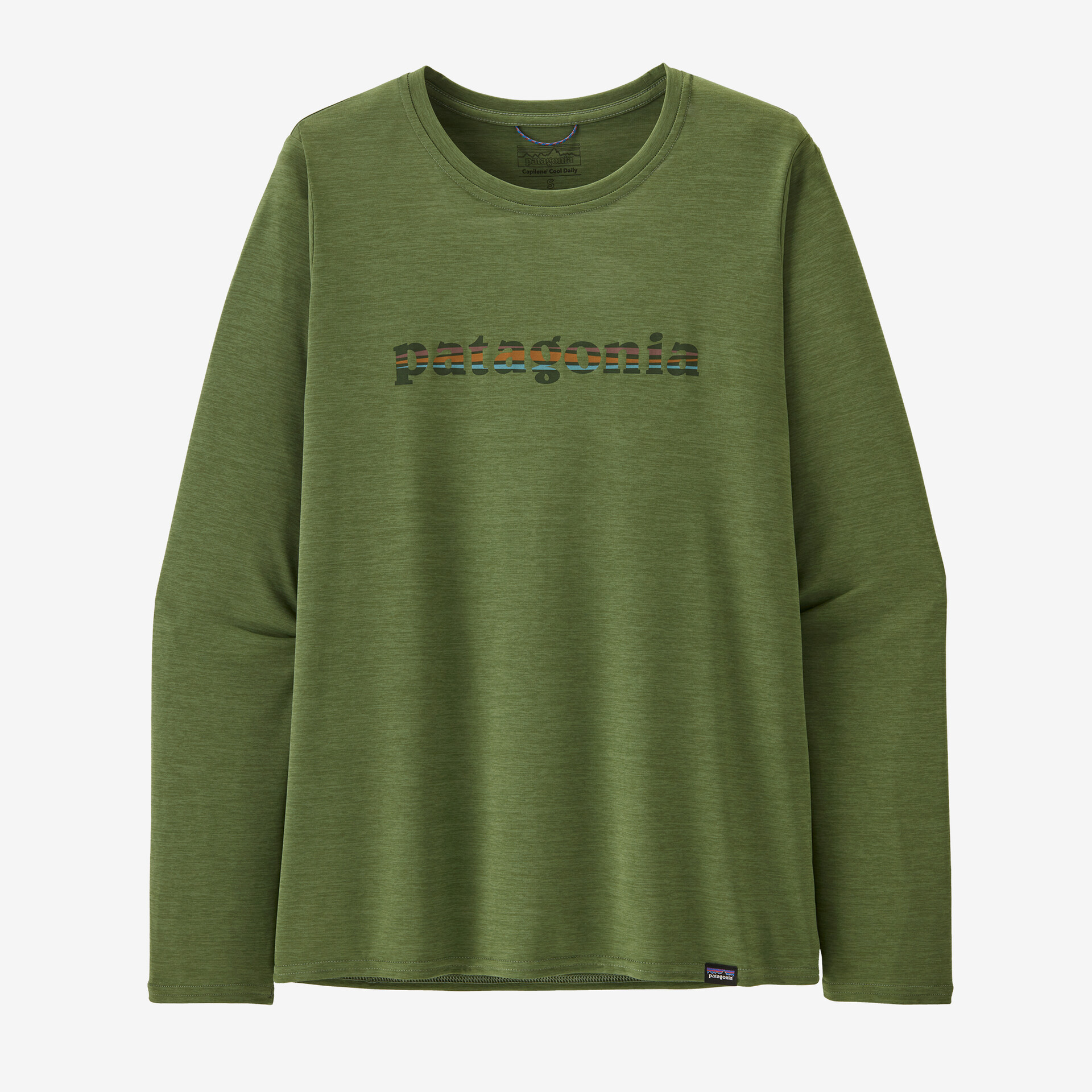 Women's long sleeve Cap Cool Daily Graphic Shirt in green, featuring quick-drying, flexible recycled polyester with HeiQ® Mint odor control, Fair Trade Certified™, ideal for versatile outdoor use.