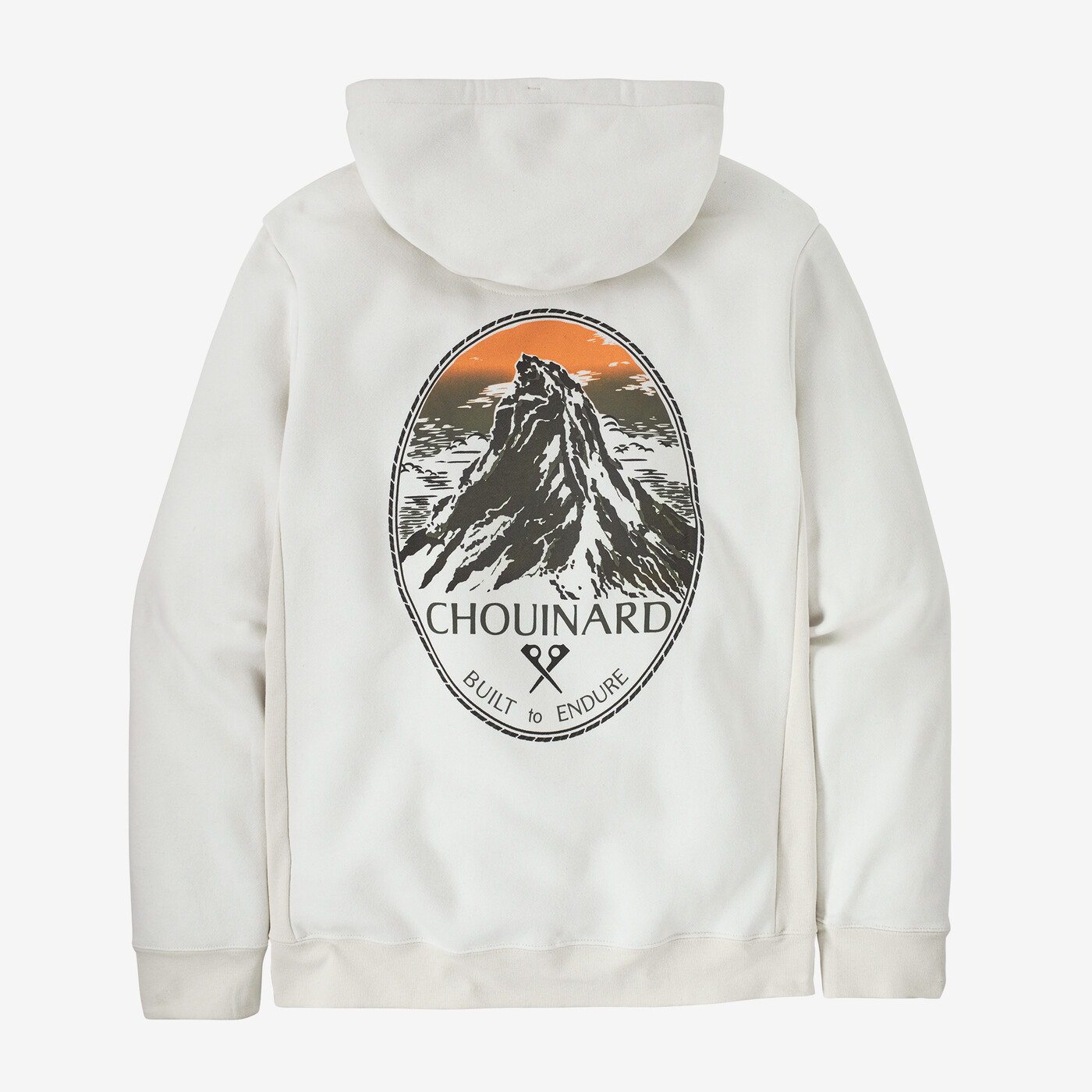 Chouinard Crest Uprisal Hoody with recycled materials and mountain design on the back.