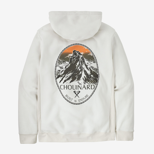 Chouinard Crest Uprisal Hoody with recycled materials and mountain design on the back.