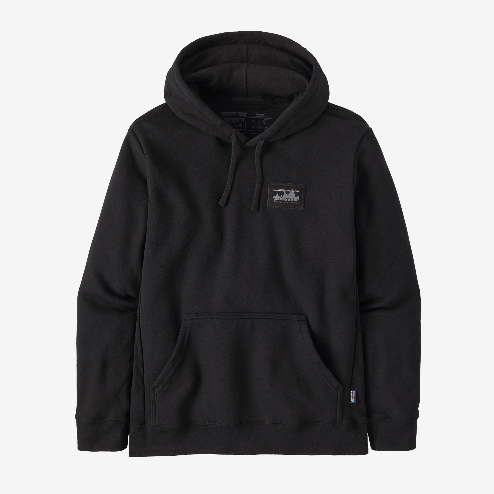 73 Skyline Uprisal Hoody, black recycled fleece hoodie with adjustable drawstring hood and kangaroo pocket.