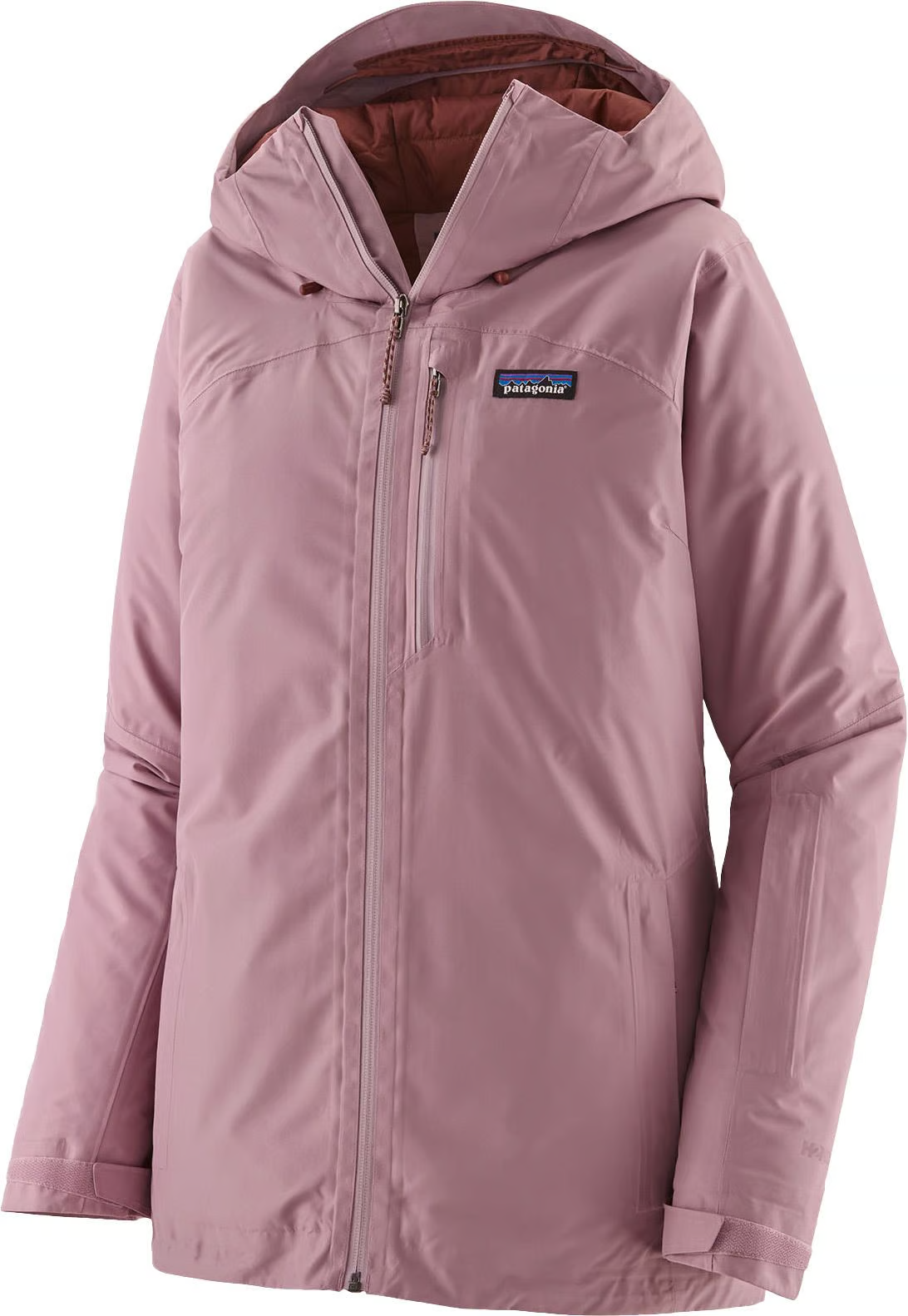 Women's insulated jacket, waterproof, breathable, hooded, pink color.