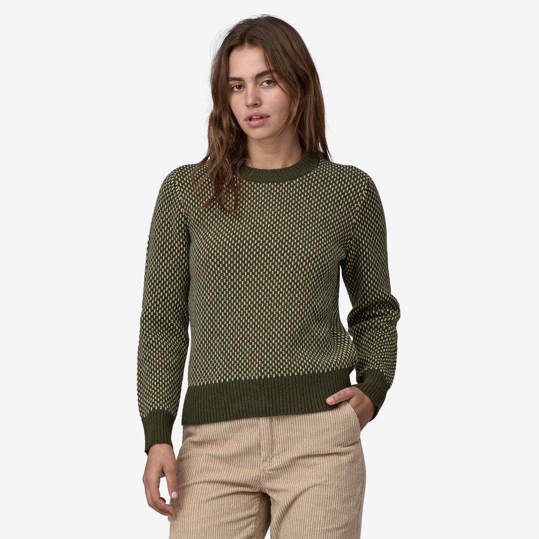 Recycled wool-blend crewneck sweater in green with ribbed cuffs and hem.