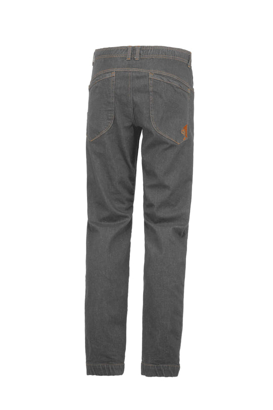 Pantaloni Ape9 Denim arrampicata outdoor, tessuto denim, cintura elastica, ricamo tasca posteriore, prodotto in Italia.