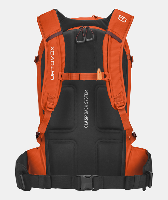 Compact orange Free Rider 22 backpack with ergonomic design and versatile features for freeride skiing.