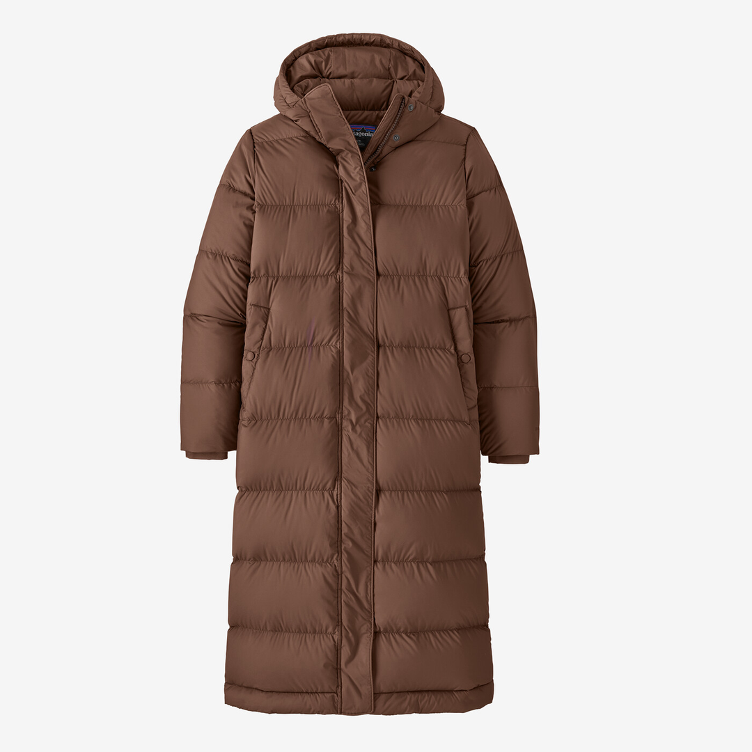 Long parka with quilted design, brown color, knee-length, hooded, women's coat.