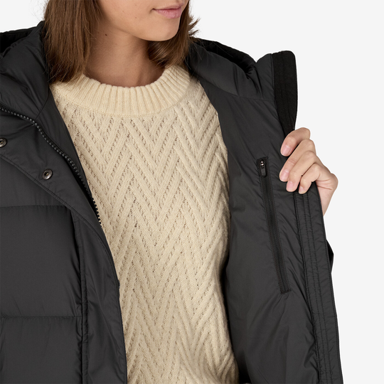 W's Silent Down Long Parka with zippered pocket and beige sweater, Fair Trade Certified.
