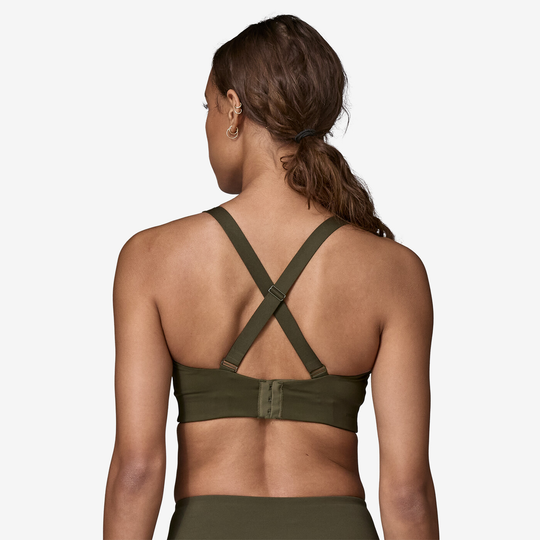 Back view of W's Shadowlite High Impact Adjustable Bra with cross-back design in olive color.