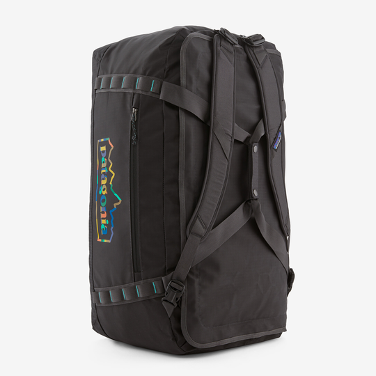 Black Hole Duffel 70L black bag with ergonomic straps and side pocket.