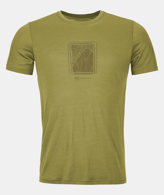 Men's green 120 Cool Tec Mtn T-shirt with mountain logo, made from Merino and Tencel fibers for cooling and durability.