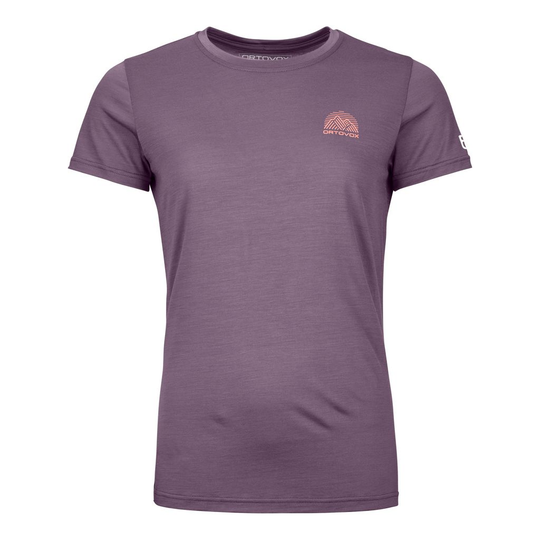 Purple 120 Cool Tec Mtn Stripe TS W shirt with Merino wool for quick drying and cooling effect.