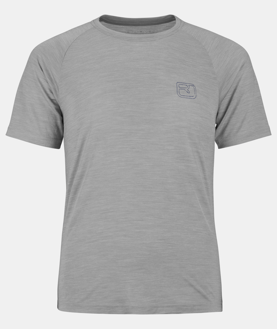 150 Cool Ballpen TS women's t-shirt in grey, made from Merino wool, Tencel, and polyamide, featuring sporty design and subtle mountain print.