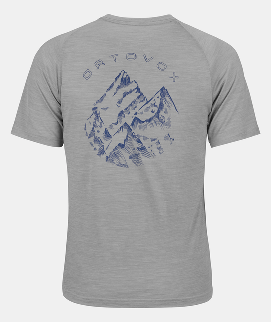 Gray 150 Cool Ballpen TS women's t-shirt with mountain print, made from Merino wool and Tencel for durability and cooling effect.