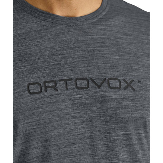 150 Cool Brand TS men's t-shirt in grey with Ortovox logo, made from Merino wool and TENCEL™ Lyocell for durability and comfort.