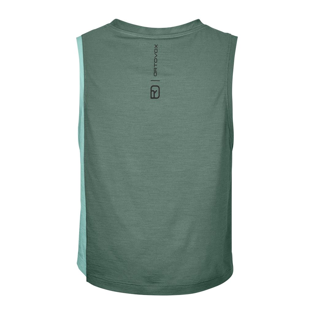 Women's 150 Cool Crack Top with Merino wool and Tencel, loose fit, green color, rear view with logo.