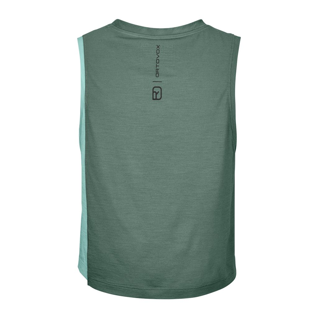 Women's 150 Cool Crack Top with Merino wool and Tencel, loose fit, green color, rear view with logo.