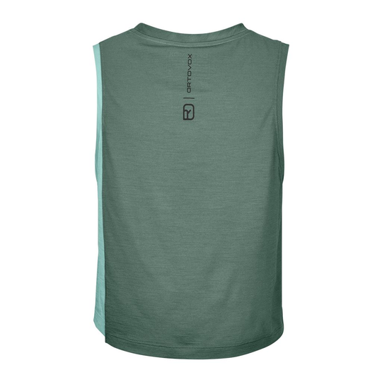 Women's 150 Cool Crack Top with Merino wool and Tencel, loose fit, green color, rear view with logo.