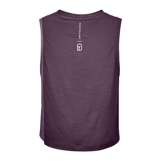 Women's 150 Cool Crack Top in purple with logo on back; durable and cooling Merino wool blend for climbing.