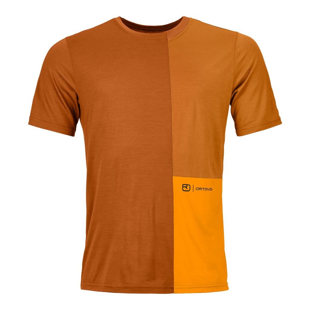 Men's 150 Cool Crack TS with Merino wool and TENCEL in orange and brown for rock climbing.