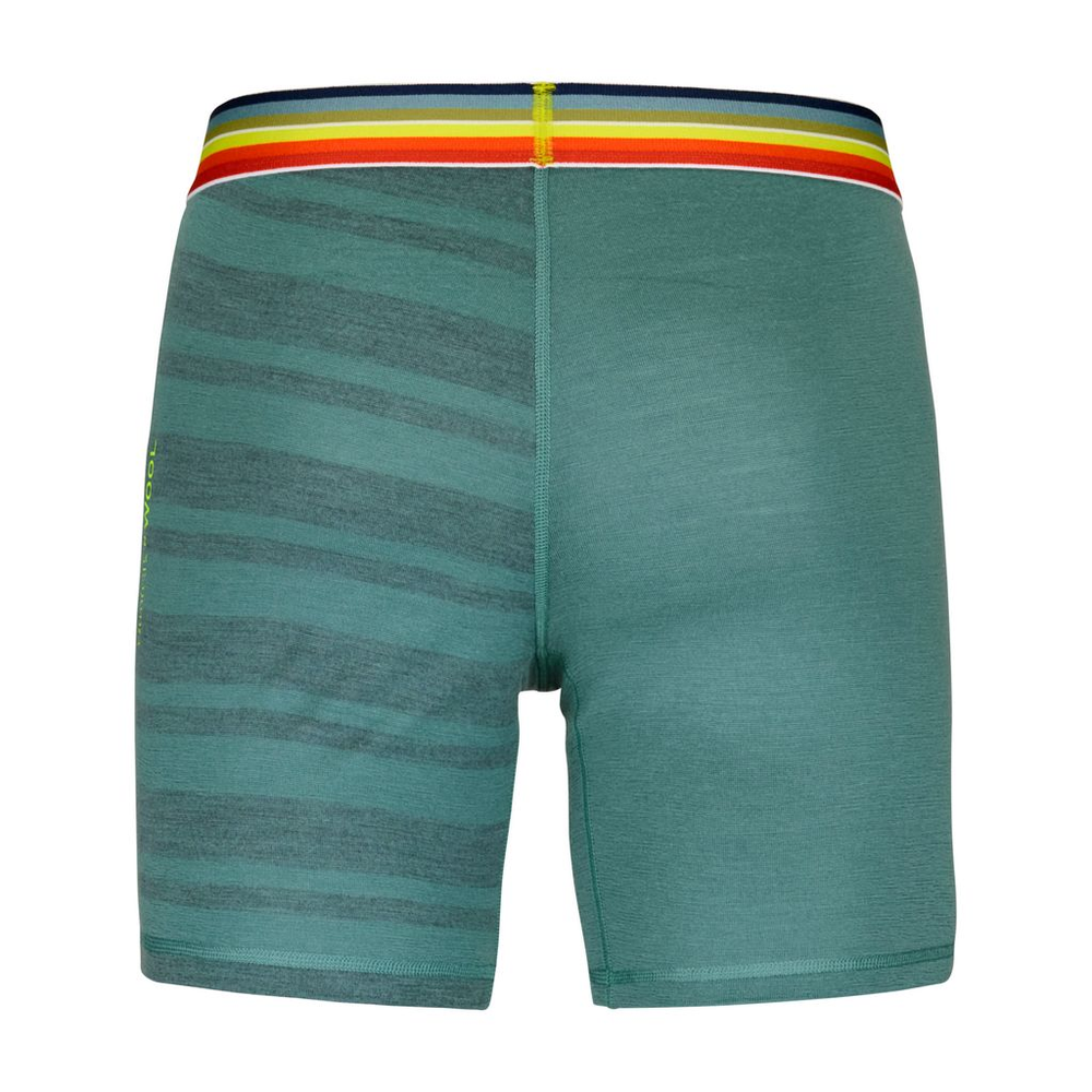 Green men's boxer shorts with striped waistband, made from Merino wool blend for optimal comfort and temperature regulation.