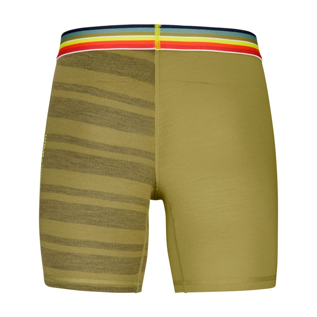 Merino wool boxer shorts with striped design and colorful waistband.