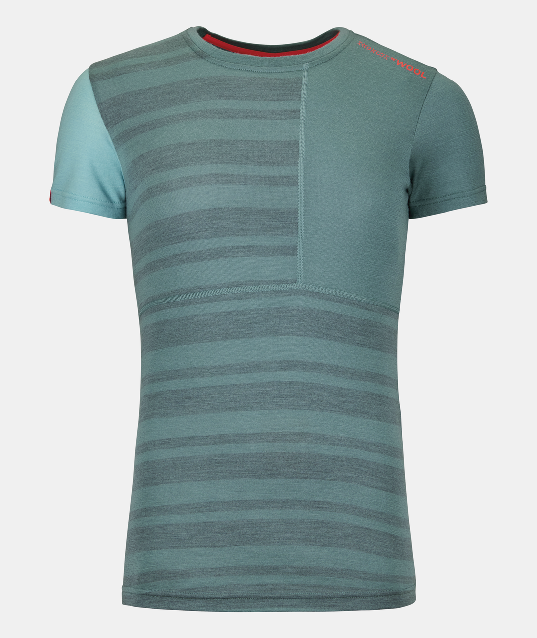 Wool short sleeve shirt in green and blue tones with striped design, made of fine Merino wool for winter adventures.