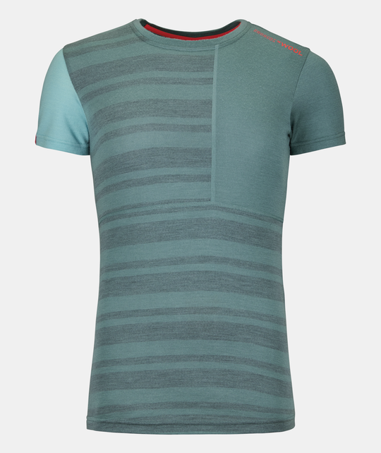 Wool short sleeve shirt in green and blue tones with striped design, made of fine Merino wool for winter adventures.
