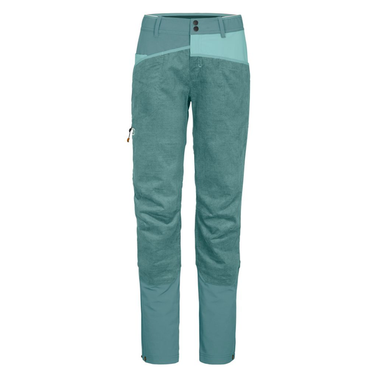 Women's Casale Pants, durable climbing trousers, hemp and organic cotton blend, ergonomic fit, teal color.