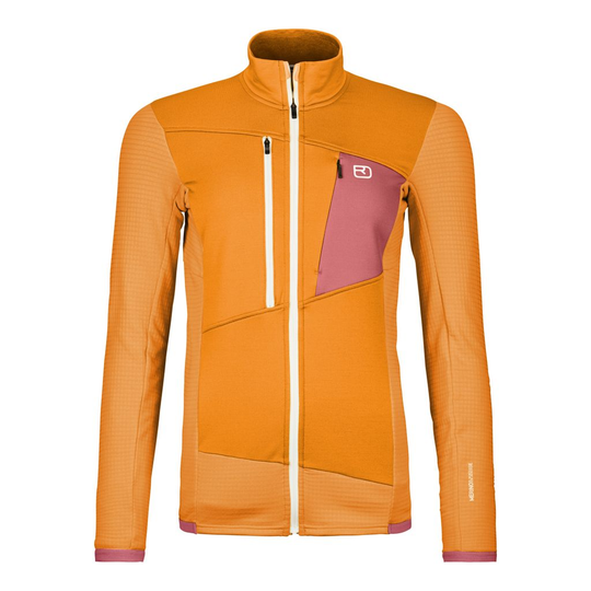 Fleece Grid Jacket W in orange and pink with breathable waffle structure, featuring chest pockets and merino wool blend for warmth and ventilation.