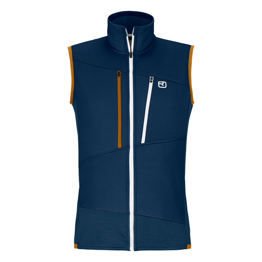 Men's blue Fleece Grid Vest for mountain tours, breathable Merino wool.