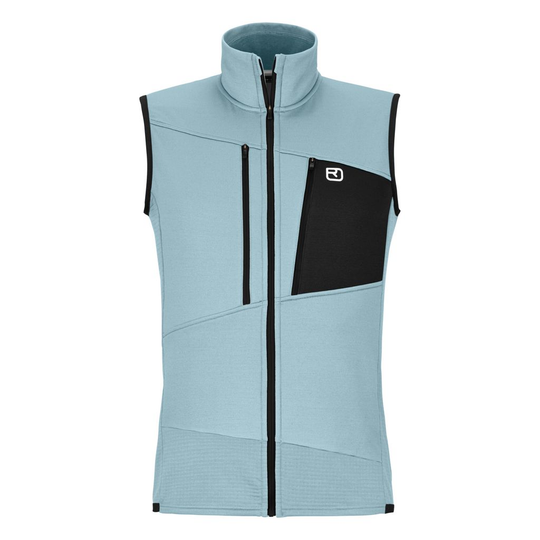 Men's Fleece Grid Vest, technical lightweight alpine gilet in blue with black panel and chest pockets.