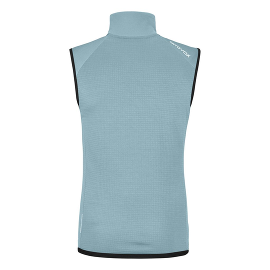 Light blue men's fleece grid vest, designed for mountain hiking, featuring technical Merino wool for warmth and breathability.