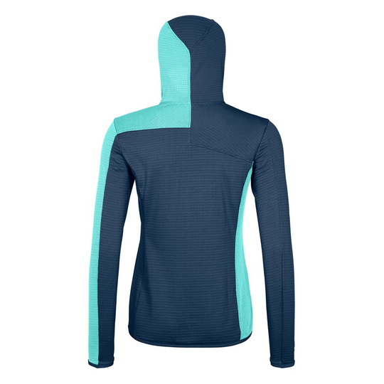 Fleece Light Grid Hooded Jacket for women in light blue and navy, featuring Merino wool, ergonomic cut, and front pocket, designed for mountain hiking.