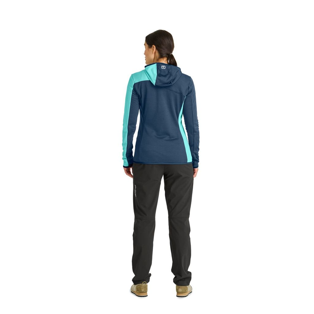 Fleece Light Grid Hooded Jacket for women in blue and teal, lightweight and ergonomic, designed for mountain hikes.