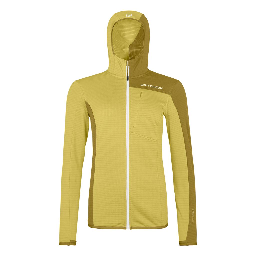 Woman wearing lightweight Fleece Light Grid hooded jacket for mountain hiking