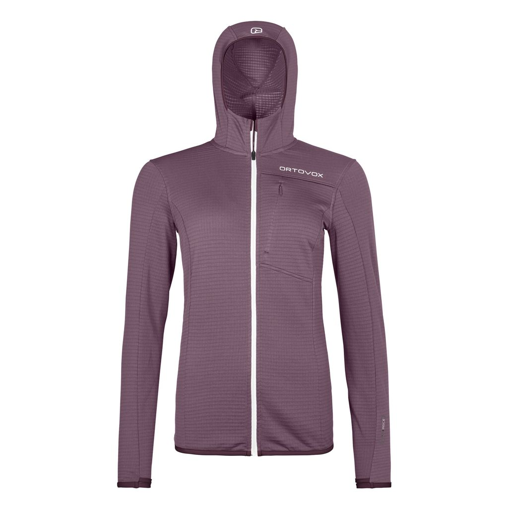 Fleece Light Grid Hooded Jacket in purple, lightweight merino wool for mountain hiking.