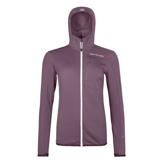 Fleece Light Grid Hooded Jacket in purple, lightweight merino wool for mountain hiking.