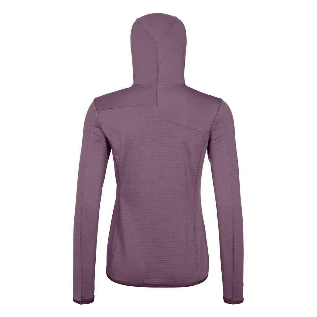 Fleece Light Grid Hooded Jacket, back view, ergonomic cut, Merino wool, lightweight, mountain hiking.