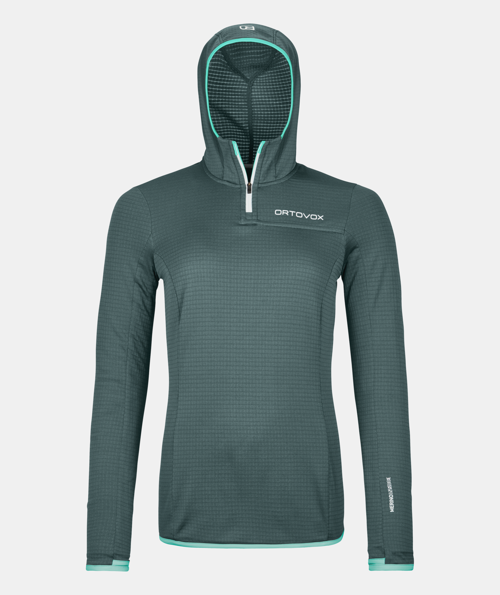 Fleece Light Grid ZN Hoody W, lightweight athletic-fit hoody for mountain tours, with Merino wool for warmth and ventilation.