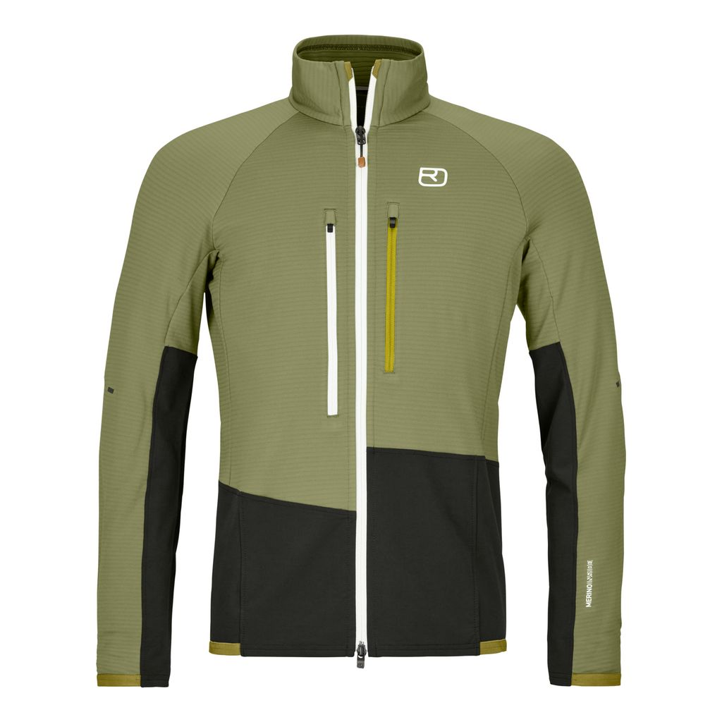 Men's Fleece Rib Jacket with Merino wool, durable and breathable for climbing, olive green.