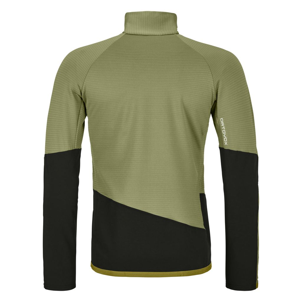 Men's fleece rib jacket for climbing, breathable and robust, with merino wool, dual zipper, and high collar.
