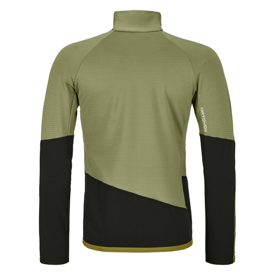 Men's fleece rib jacket for climbing, breathable and robust, with merino wool, dual zipper, and high collar.