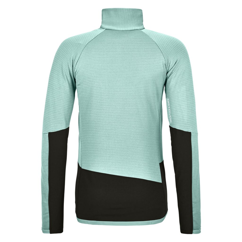 Women's fleece rib jacket, merino wool inserts, breathable, abrasion-resistant, zip front, climbing gear.