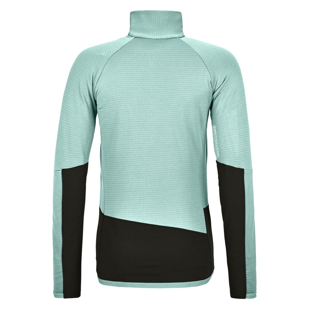 Women's fleece rib jacket, merino wool inserts, breathable, abrasion-resistant, zip front, climbing gear.