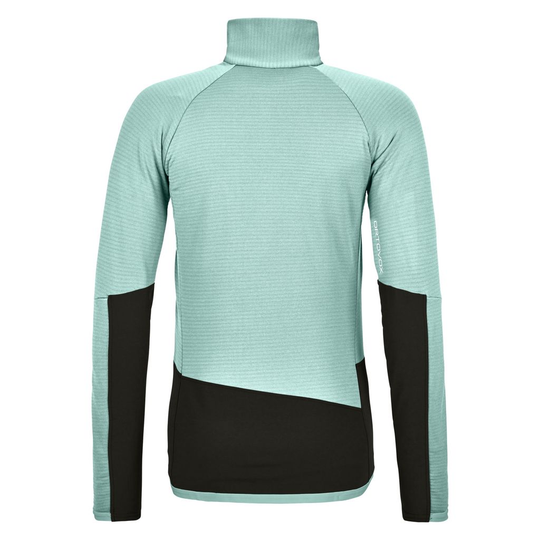 Women's fleece rib jacket, merino wool inserts, breathable, abrasion-resistant, zip front, climbing gear.