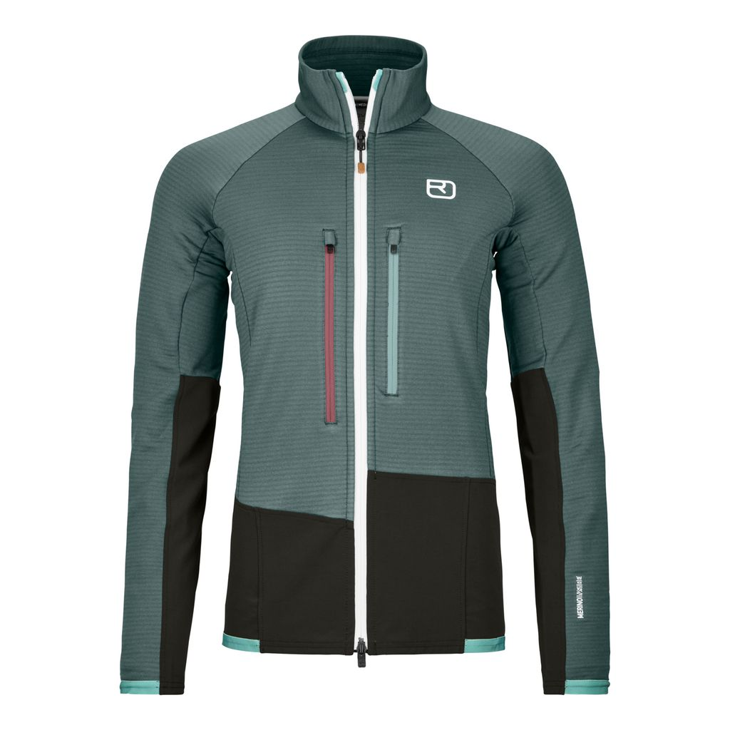 Women's Fleece Rib Jacket for climbing, with durable MERINO SHIELD TEC, breathable and insulating MERINO FLEECE, front zipper, and chest pockets.