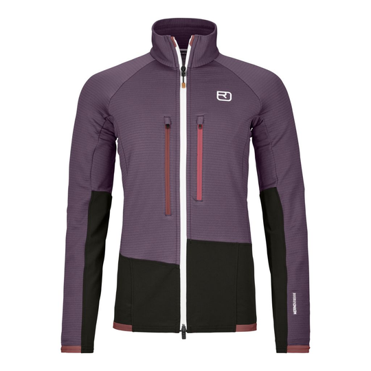 Fleece Rib Jacket W for climbing, featuring durable Merino Shield Tec inserts, breathable and insulating Merino Fleece, double-slider front zipper, and high collar protection.